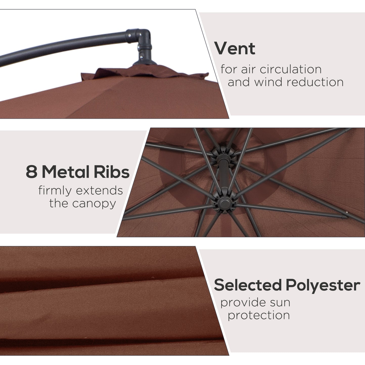 10' Deluxe Patio Umbrella, Outdoor Market Parasol, Banana Hanging Offset Sunshade with Crank, Cross Base, Coffee