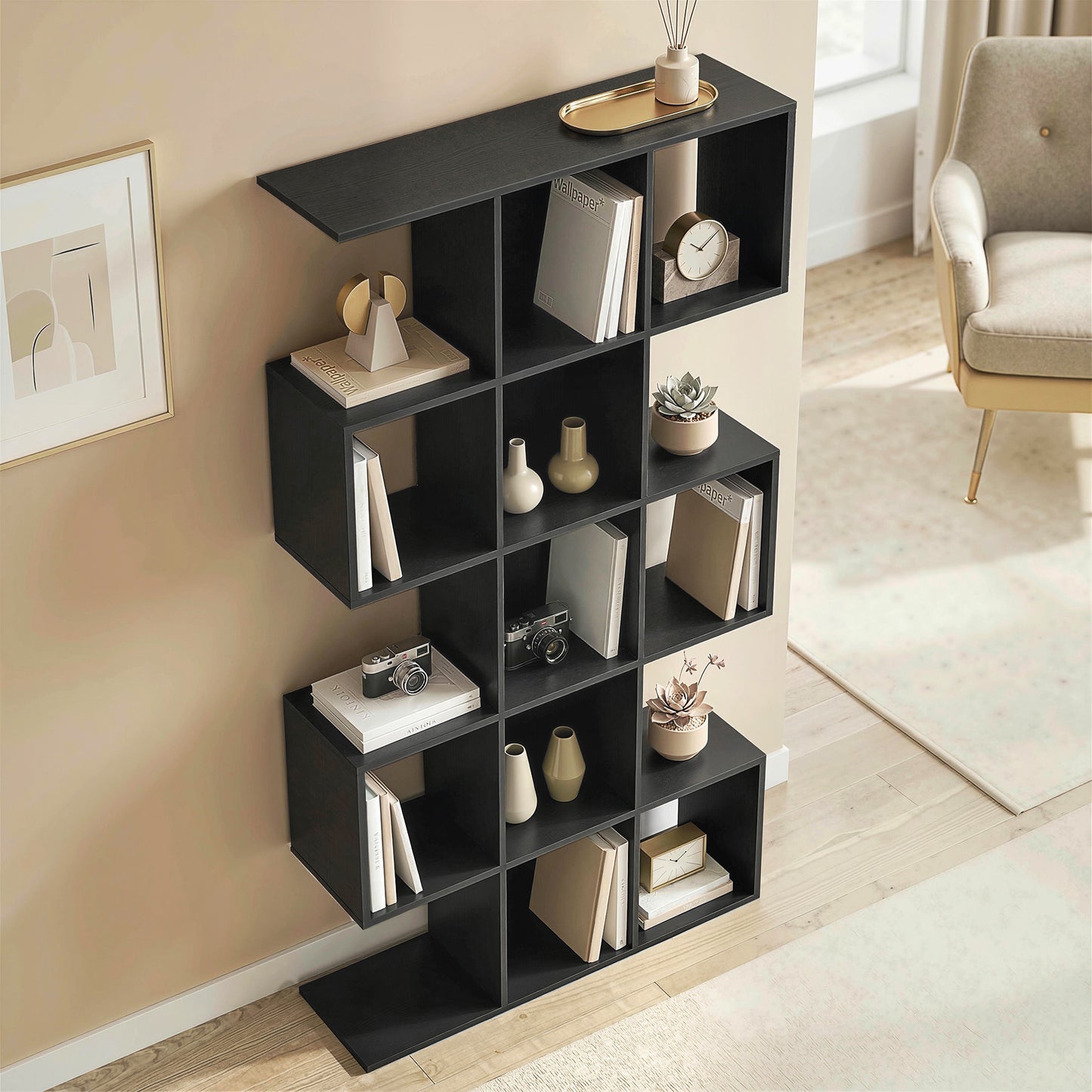5-Tier Bookshelf, S Shaped Geometric Bookcase with 15 Compartments, Black Wood Grain