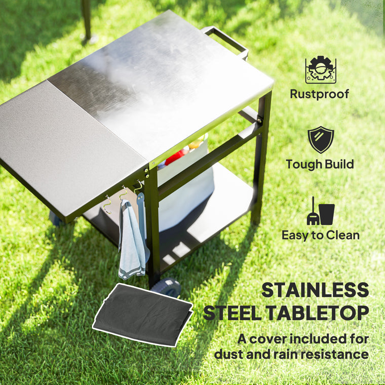 Black Pizza Oven Stand with Steel Top & Foldable Table