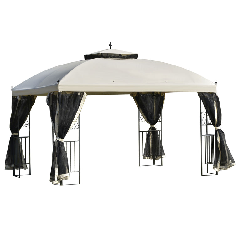 12' x 10' Beige Gazebo with Double Tier Roof & Mesh Sidewalls