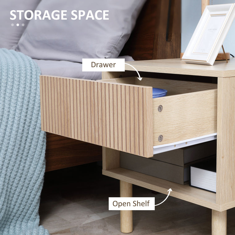 Nightstands Set of 2 with Drawer and Shelf - Natural Wood