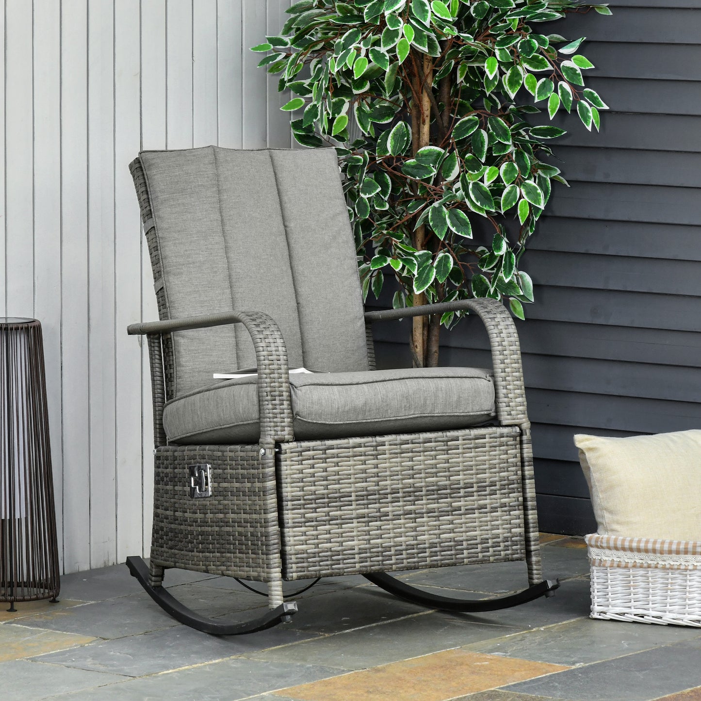 Outdoor Wicker Rocking Chair with Cushion, Patio PE Rattan Recliner Chair with Adjustable Footrest, Armrests, Red