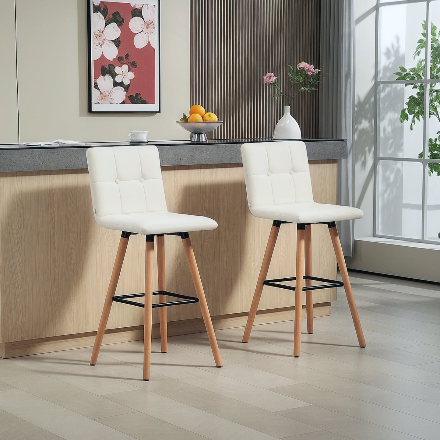 Modern Bar Stools Set of 2, 38" Upholstered Kitchen Island Stool with Solid Wood Legs, White