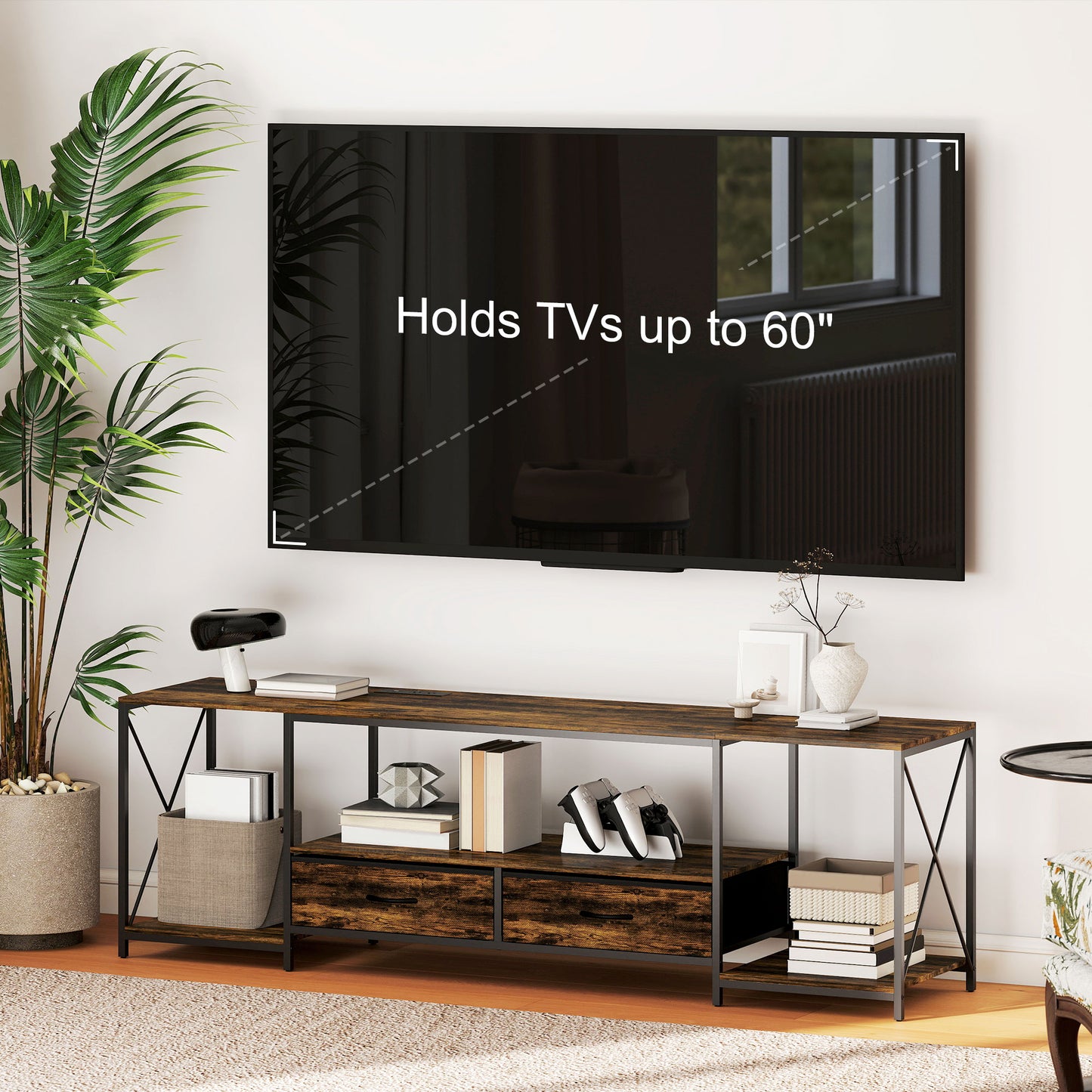 Industrial TV Stand for up to 60 Inch TV, TV Console with Charging Station and RGB LED Lights, Rustic Brown