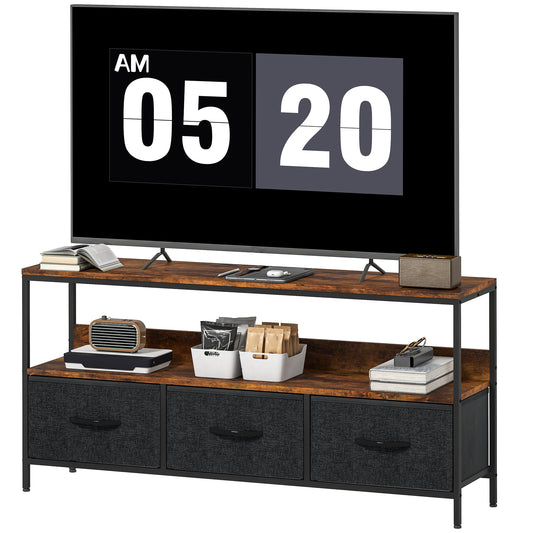 TV Stand with Charging Station and 3 Linen Drawers - Rustic Brown
