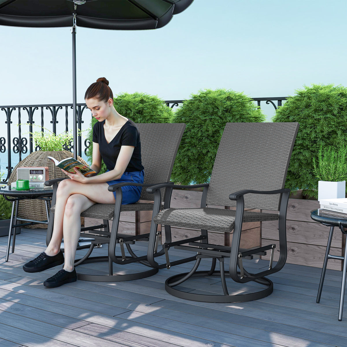 Set of 2 Rattan Patio Glider, Wicker Outdoor Glider Swivel Chair with Steel Frame, High Back for Backyard Porch, Grey