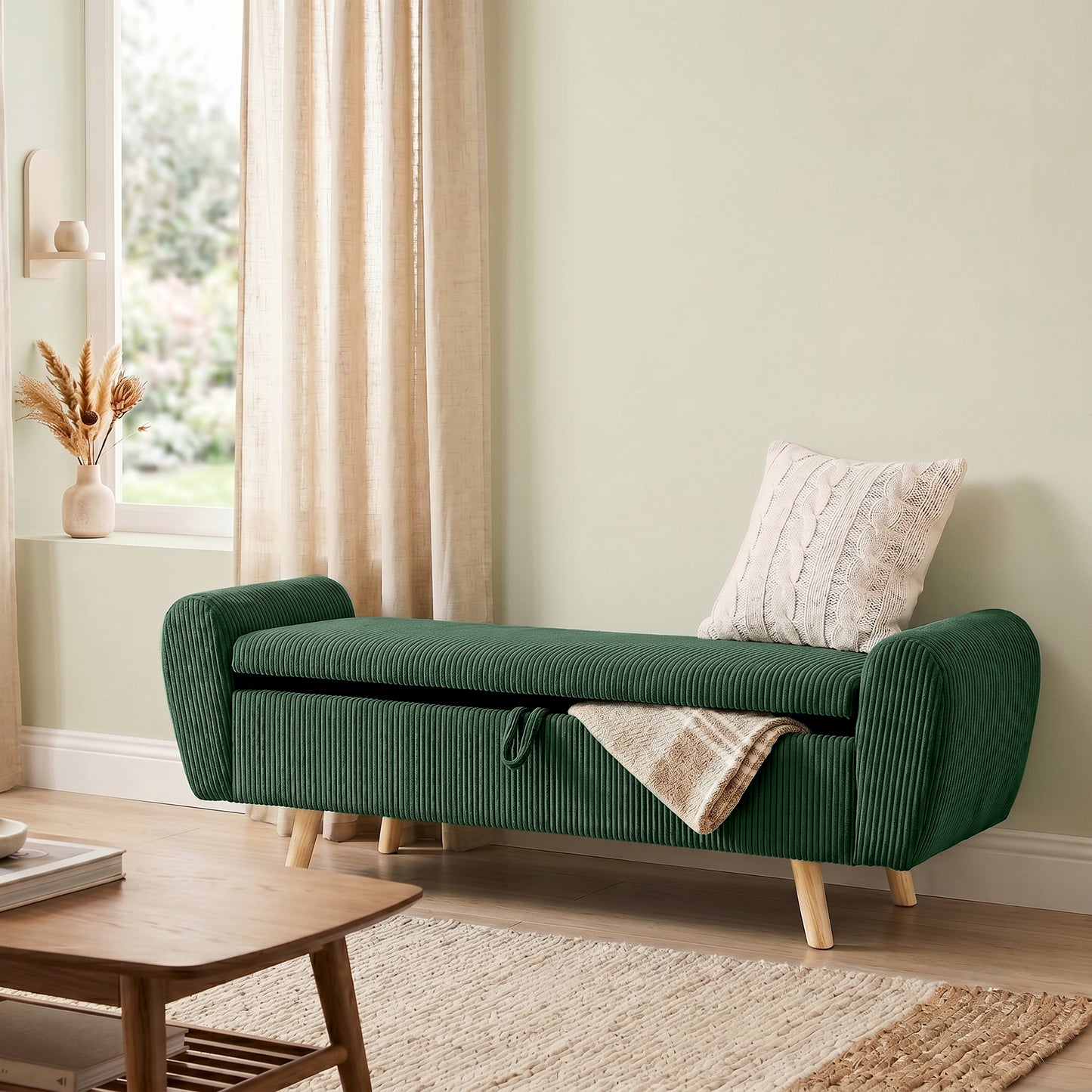 Storage Ottoman, 59" Corduroy End of Bed Storage Bench for King Size Bed with Wooden Legs and Rolled Arms, Dark Green