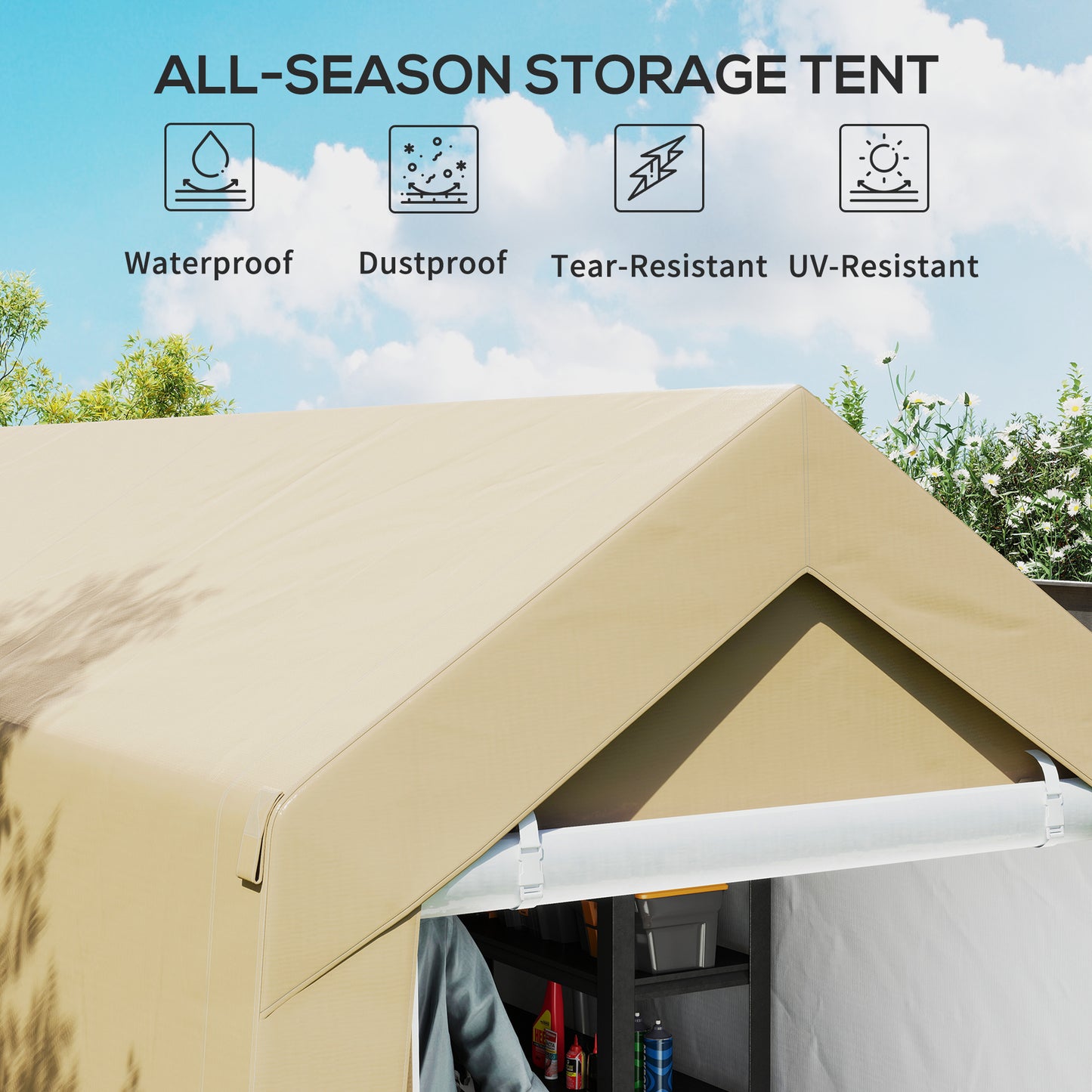 Outdoor Storage Shed Portable Garage with Roll-up Door for Motorcycle, Bike, Garden Tools, Beige