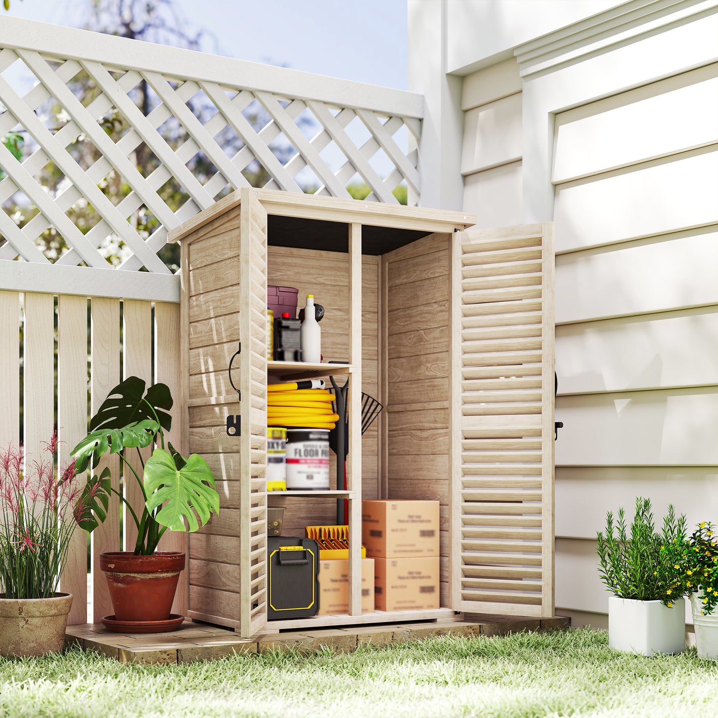 Wooden Garden Shed, Outdoor Storage Shed with Waterproof Asphalt Roof, Shelves, Natural
