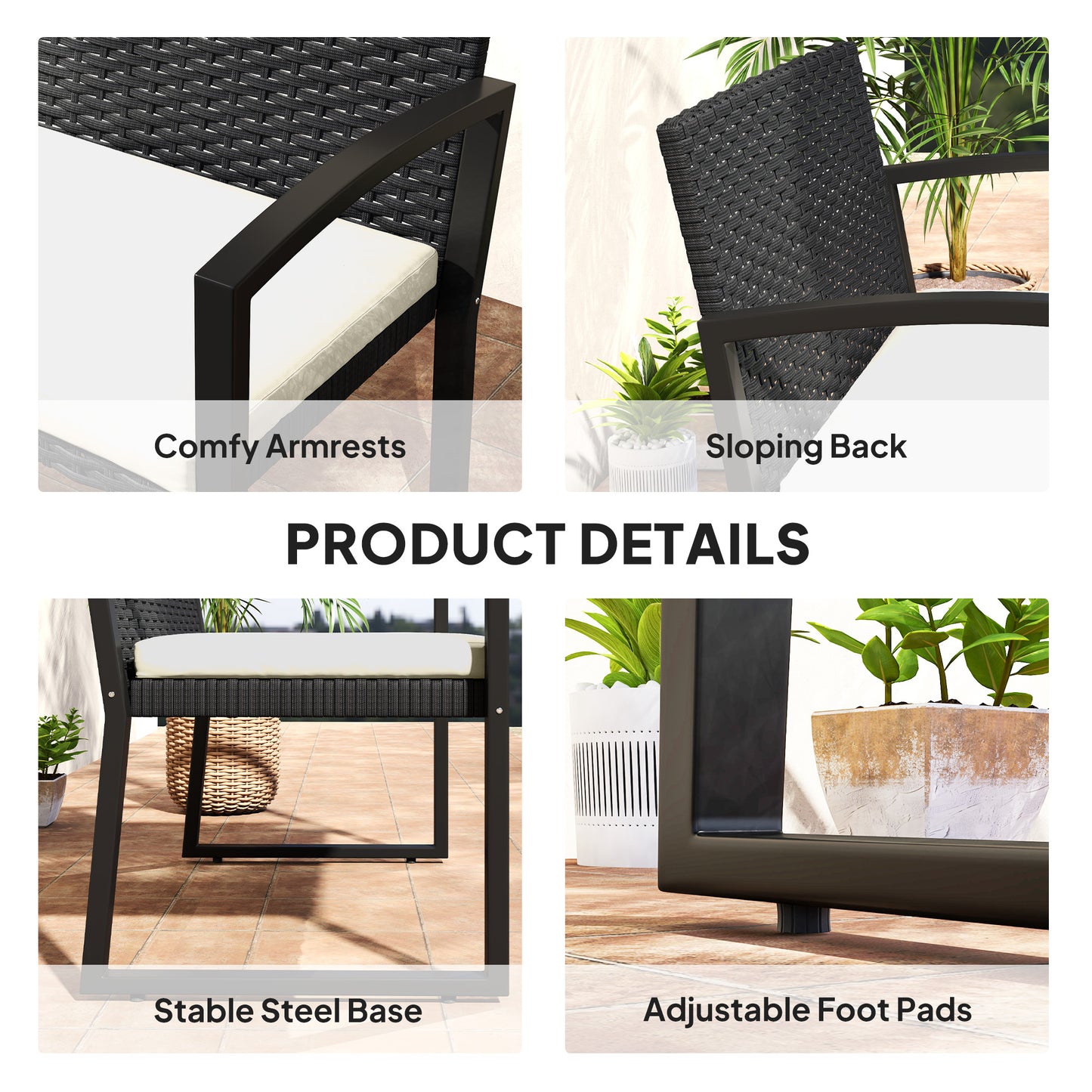 2 Seater Outdoor Bench, Rattan Garden Bench Loveseat with Cushion, Armrests, Steel Frame for Patio, Porch, Beige