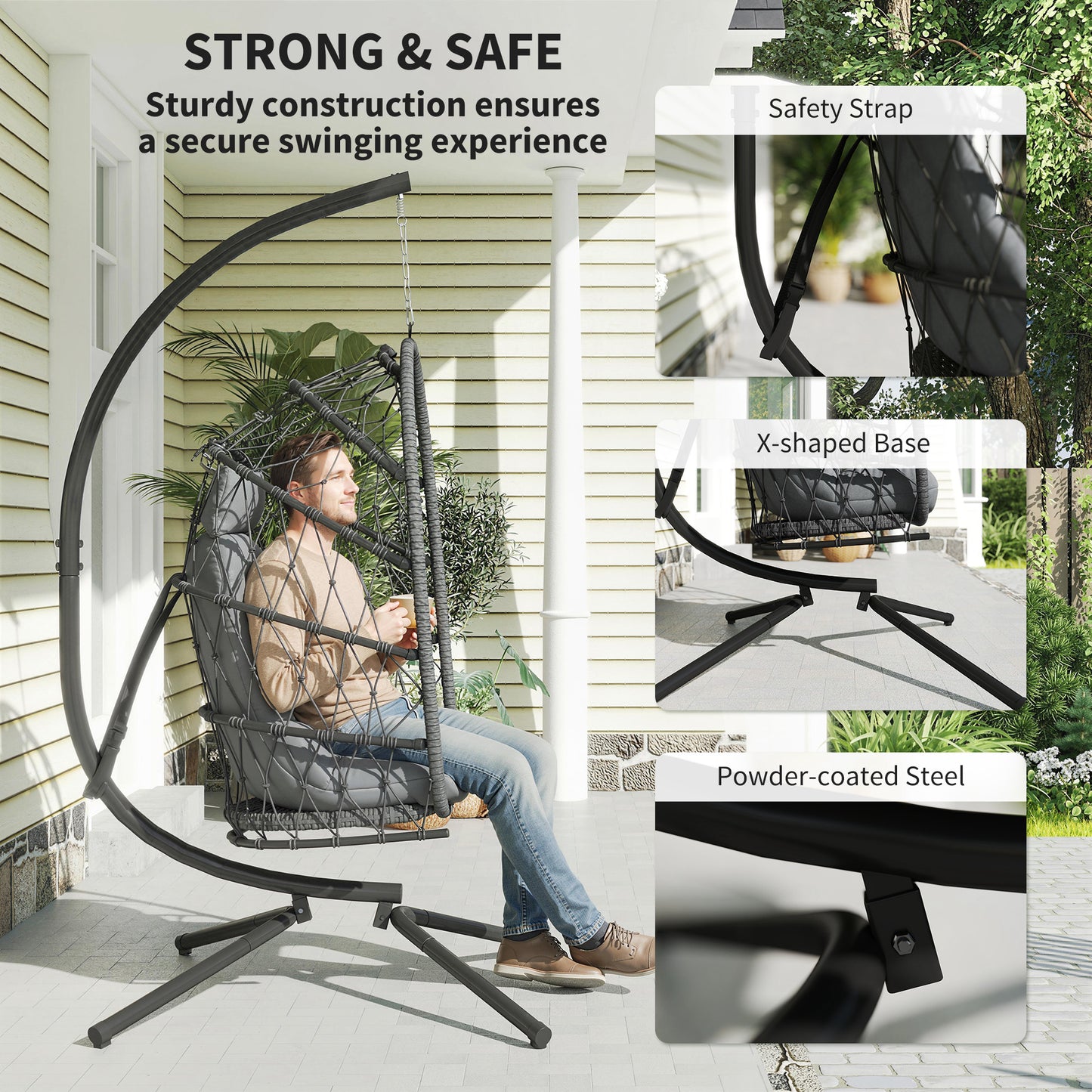 Hanging Egg Chair with Stand, Foldable Wicker Rattan Swing Chair with Thick Cushion and Safety Rope, Grey