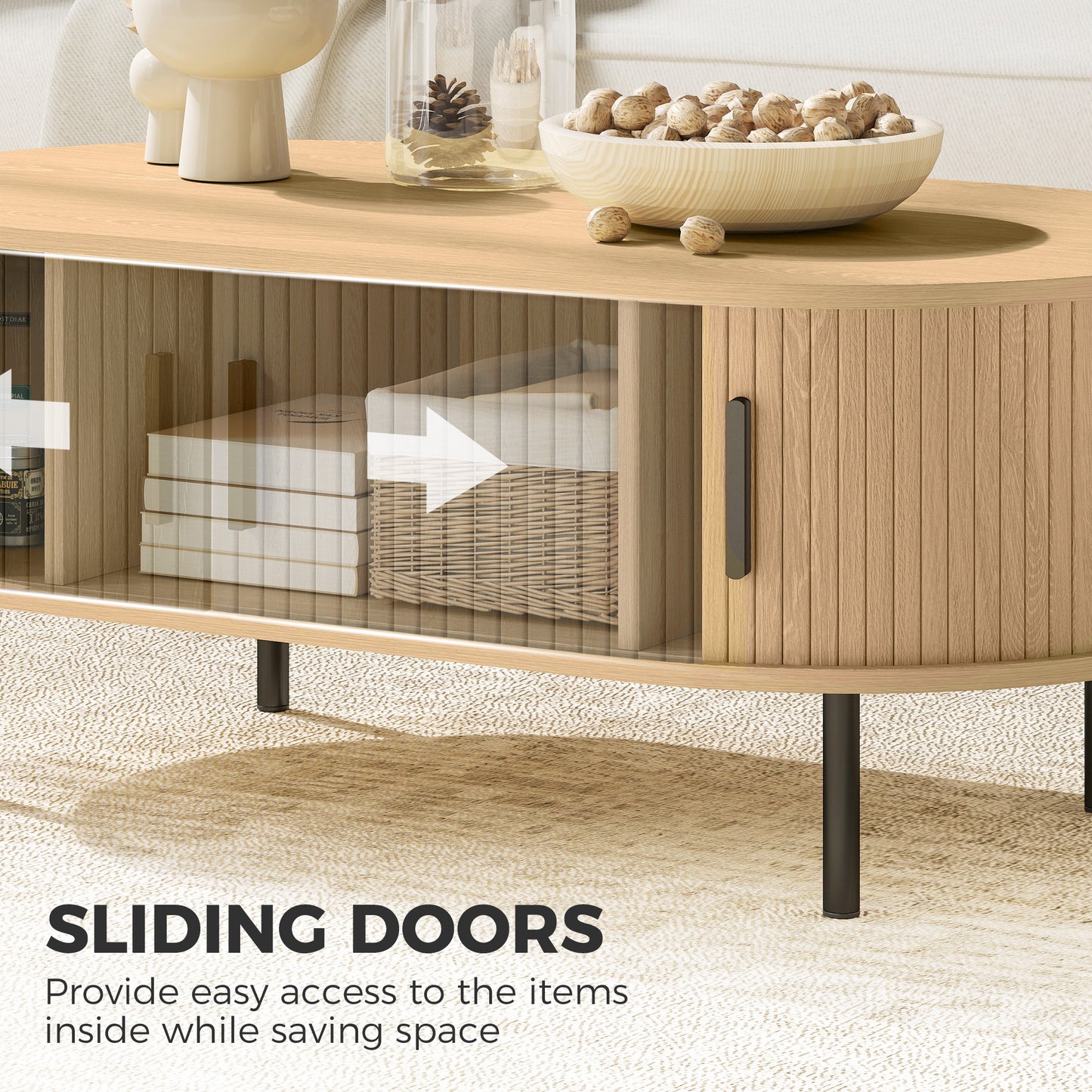 Coffee Table with Sliding Tambour Doors and Storage Center Table with Metal Legs, 39", Natural
