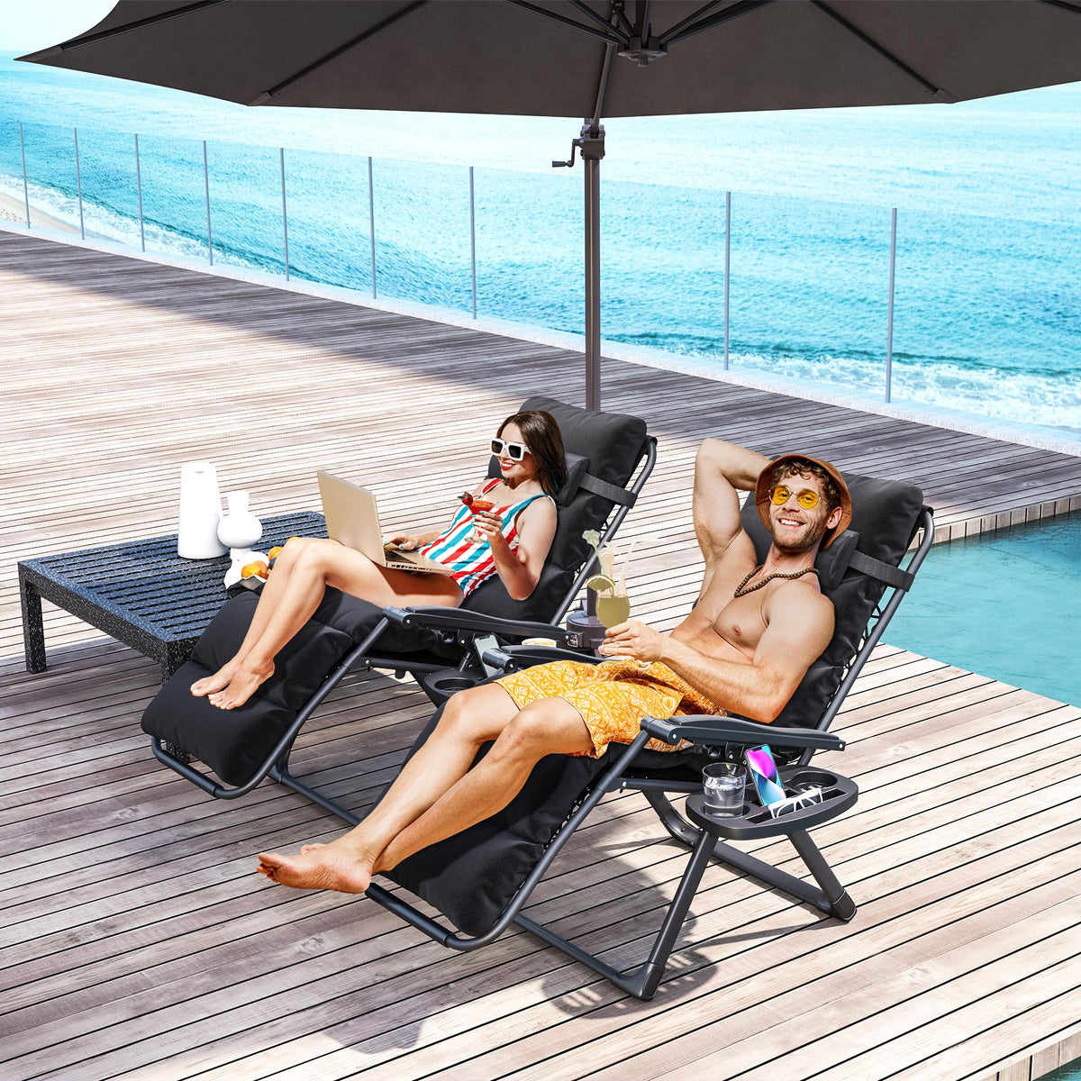 2pcs Reclining Zero Gravity Chair with Adjustable Backrest, Folding Garden Sun Lounger with Removable Cushion, Grey