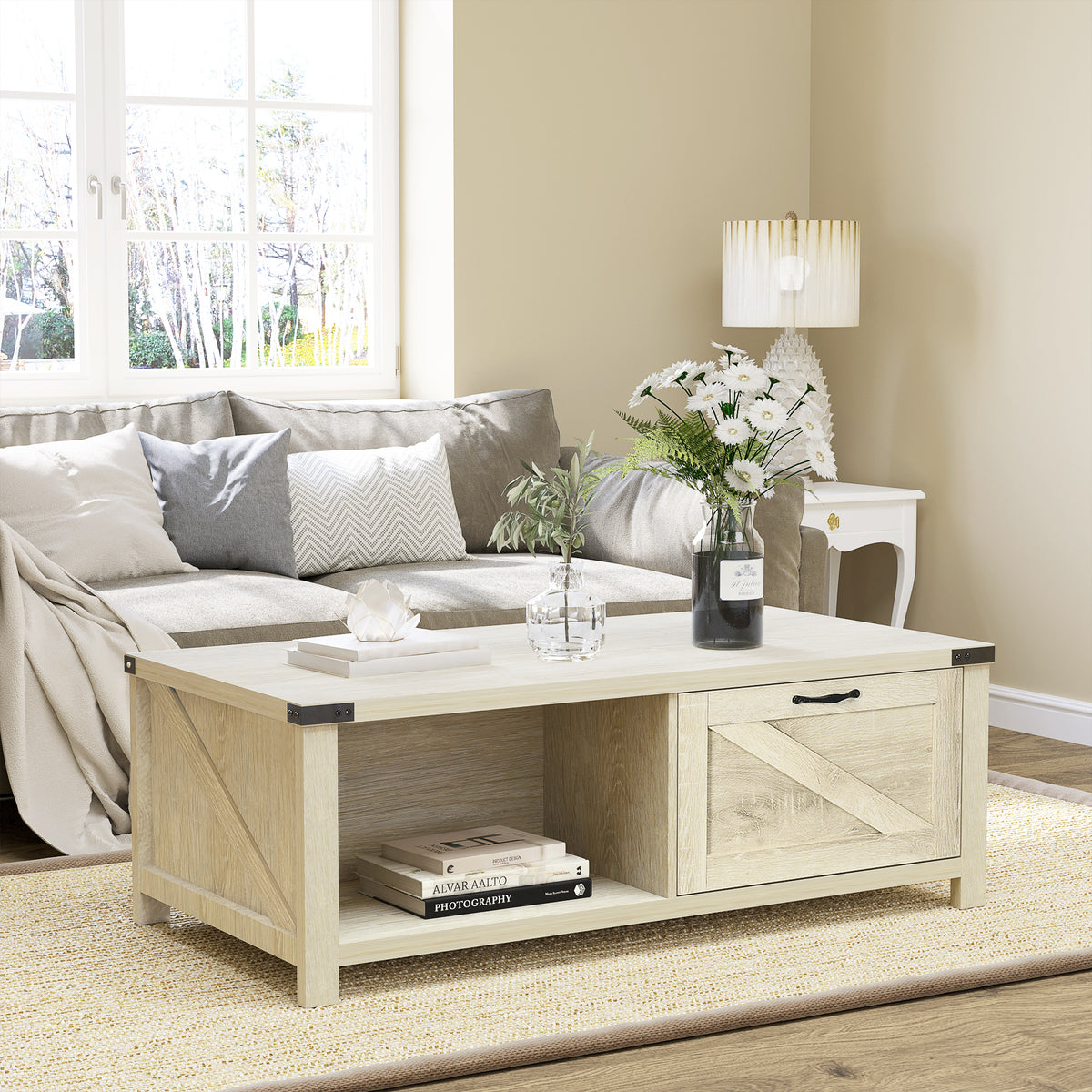 Industrial Coffee Table Side End Table with Drawer, Open Storage Shelf, Modern Farmhouse Furniture, for Living Room, Dining Room, Office, White Oak