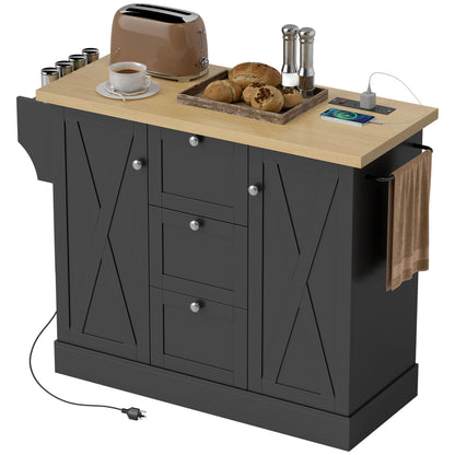 49" Farmhouse Kitchen Island Cart with Power Outlet - Black