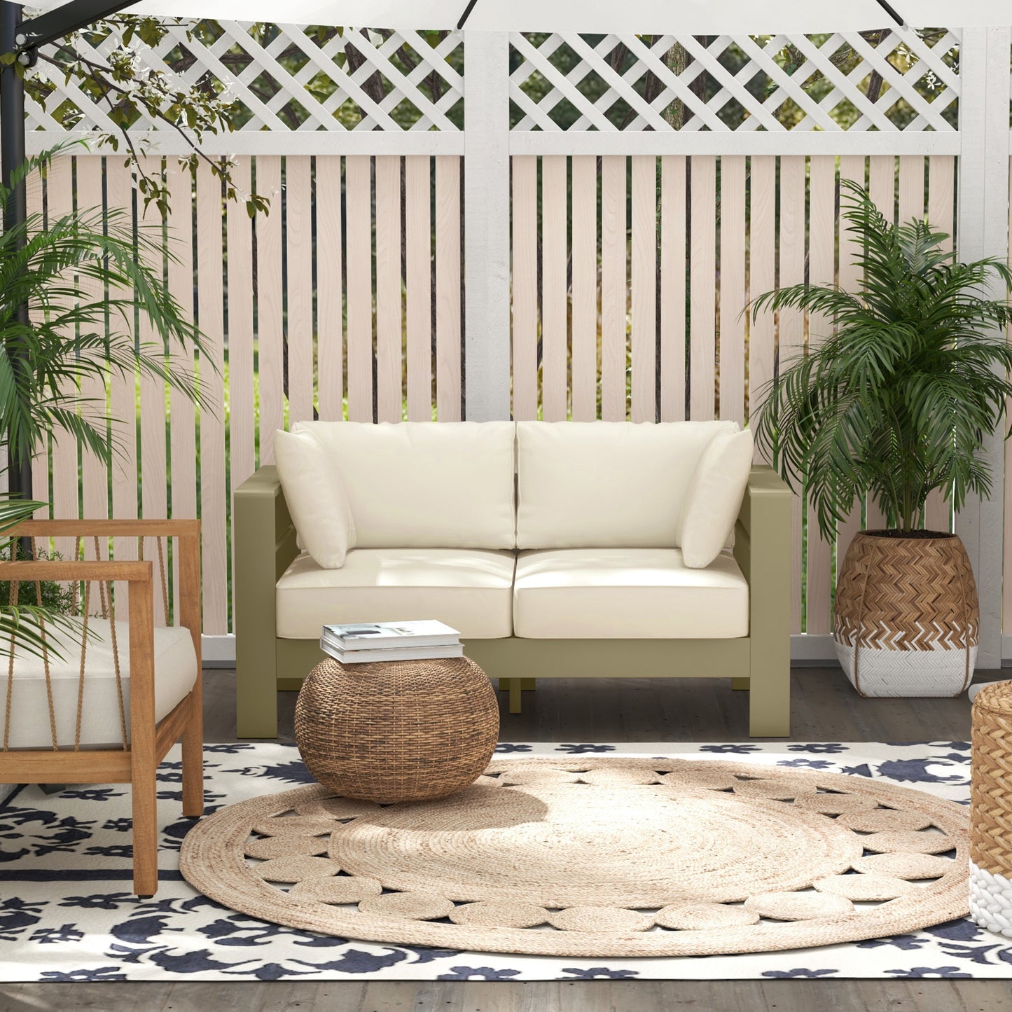 Patio Loveseat, Outdoor Seating for 2, Garden Sofa with Cushions, Wide Armrests, 54.3"x27.6"x24.6", Cream White