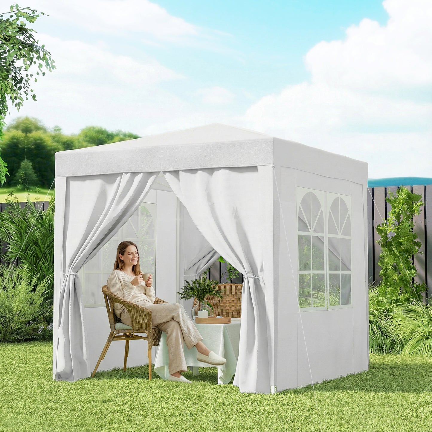 6.6'x6.6' Pop Up Canopy Tent with Sidewalls, Instant Sun Shelter Camping Gazebo with Carry Bag, White