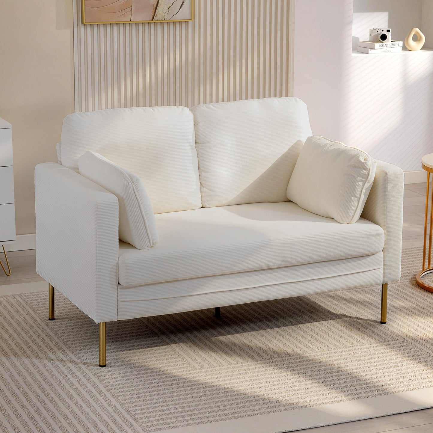 Loveseat Sofa, 55" Small Sofa Couch with 2 Pillows, Metal Legs for Living Room, Bedroom, Apartment, Cream White