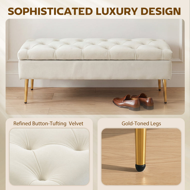 Velvet Tufted Bedroom Bench with Gold Legs