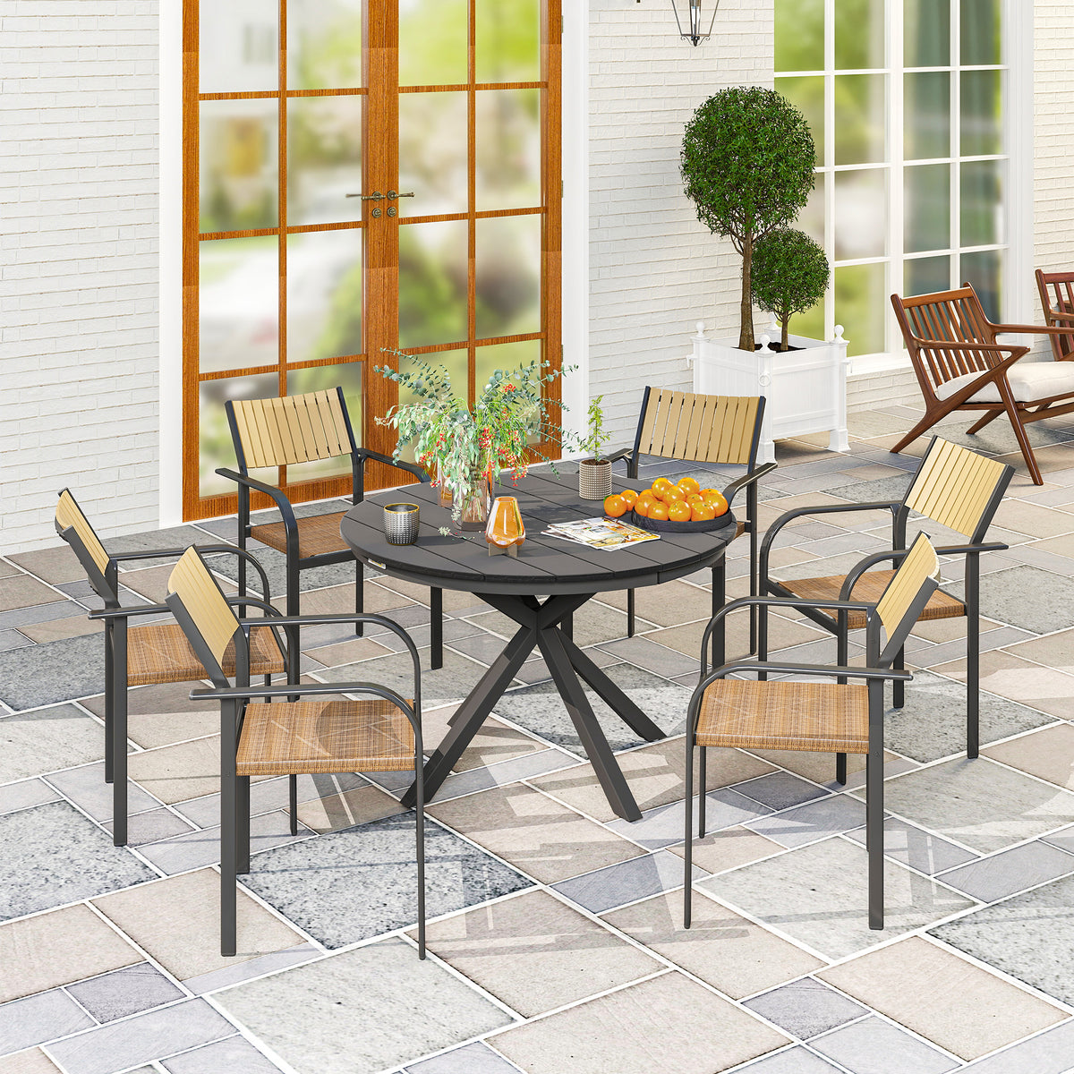 46.5" Outdoor Dining Table for 6, Round Picnic Table with Slatted Top for Balcony, Porch, Black