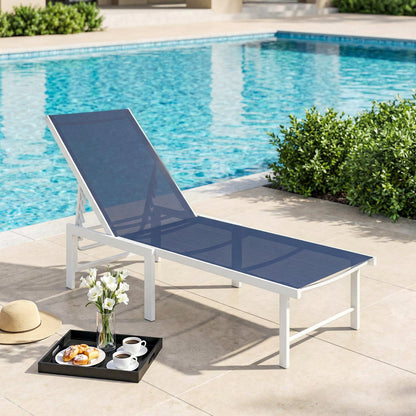 Outdoor Lounge Chair, 5-Position Reclining Outdoor Chaise Lounge Tanning Chair with Mesh Seat, Dark Blue - Dark Blue