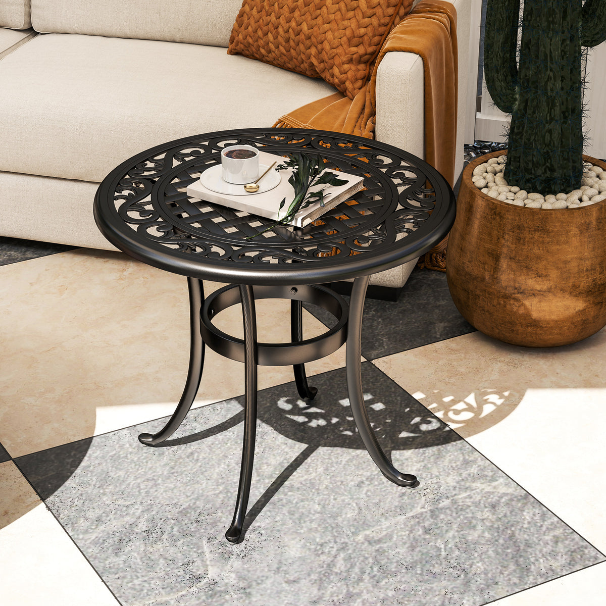 Ф23.6" Round Outdoor Side Table, Cast Aluminum Frame Patio Coffee Side Desk for Patio, Garden, Balcony, Black