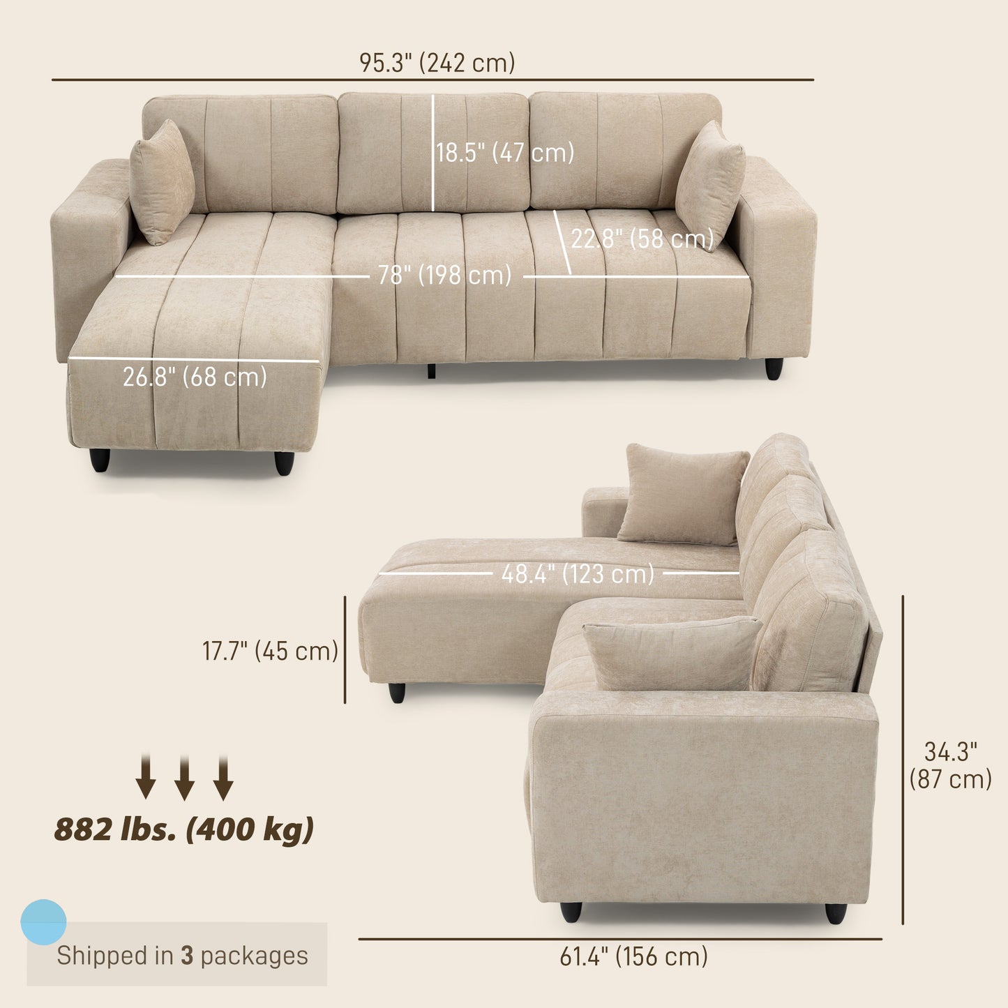 Sectional Couch with Integrated Seat, 3 Seater L-Shaped Sofa with Changeable Chaise, Spring Cushion, 2 Pillows, Beige