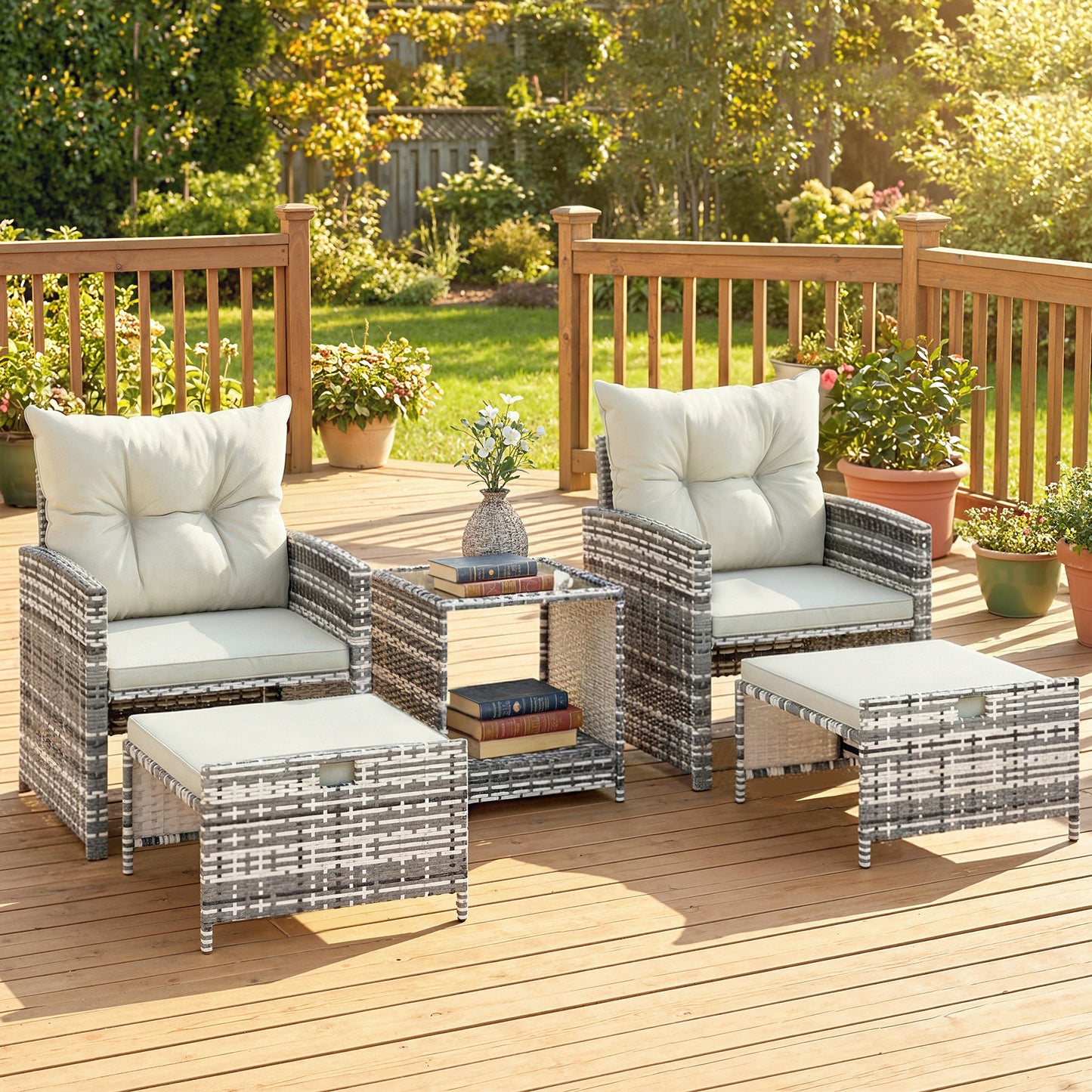 5 Piece Patio Furniture Set, Wicker Patio Chairs with Ottomans, 2-Tier Glass Coffee Table and Cushions, Grey/Cream White - Cream White