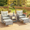 5 Piece Patio Furniture Set, Wicker Patio Chairs with Ottomans, 2-Tier Glass Coffee Table and Cushions, Grey/Cream White