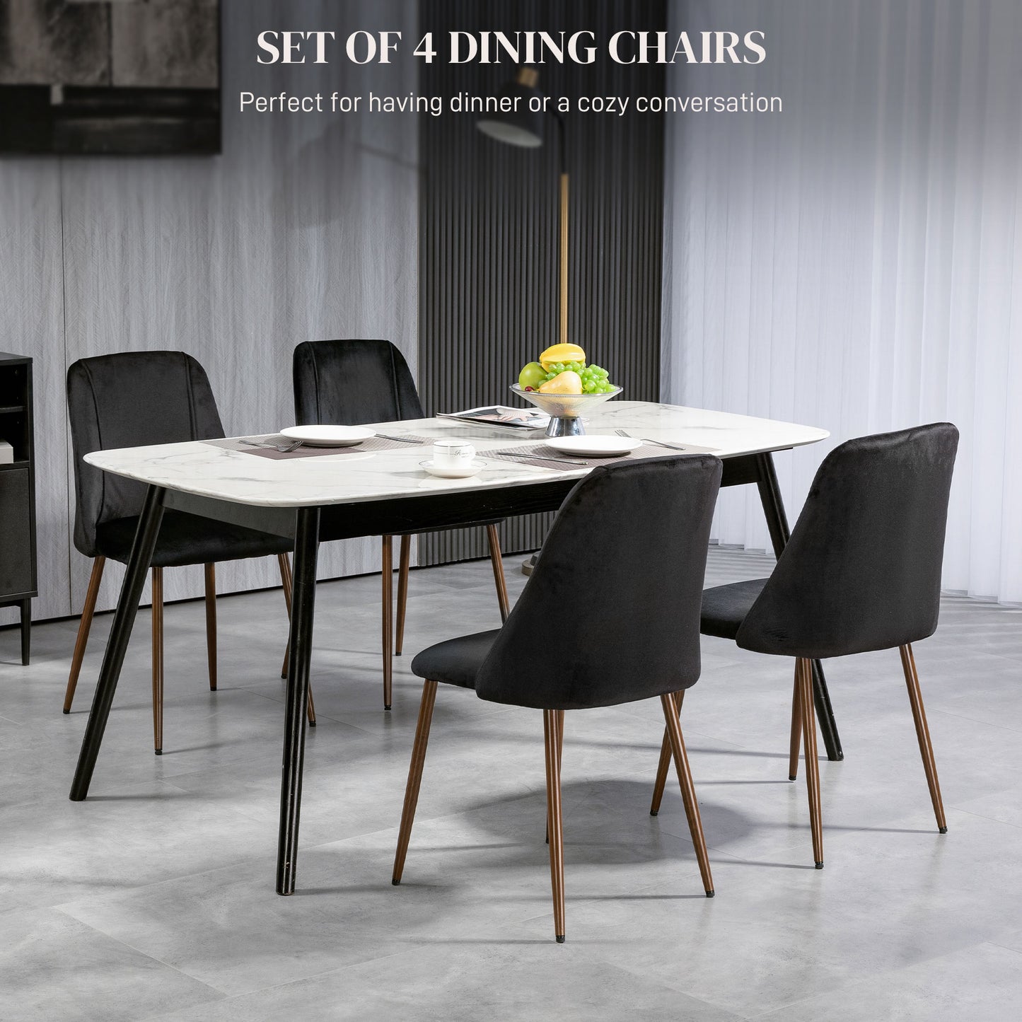 Upholstered Dining Chairs Set of 4, Velvet Accent Chair with Back and Wood-grain Steel Leg for Kitchen, Black