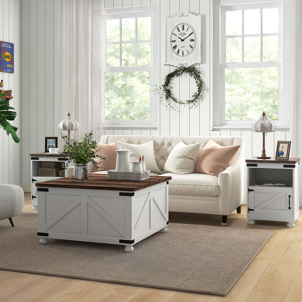 Coffee Table with Lift Top, 32" Farmhouse Center Table with Hidden Compartment for Living Room, Antique White