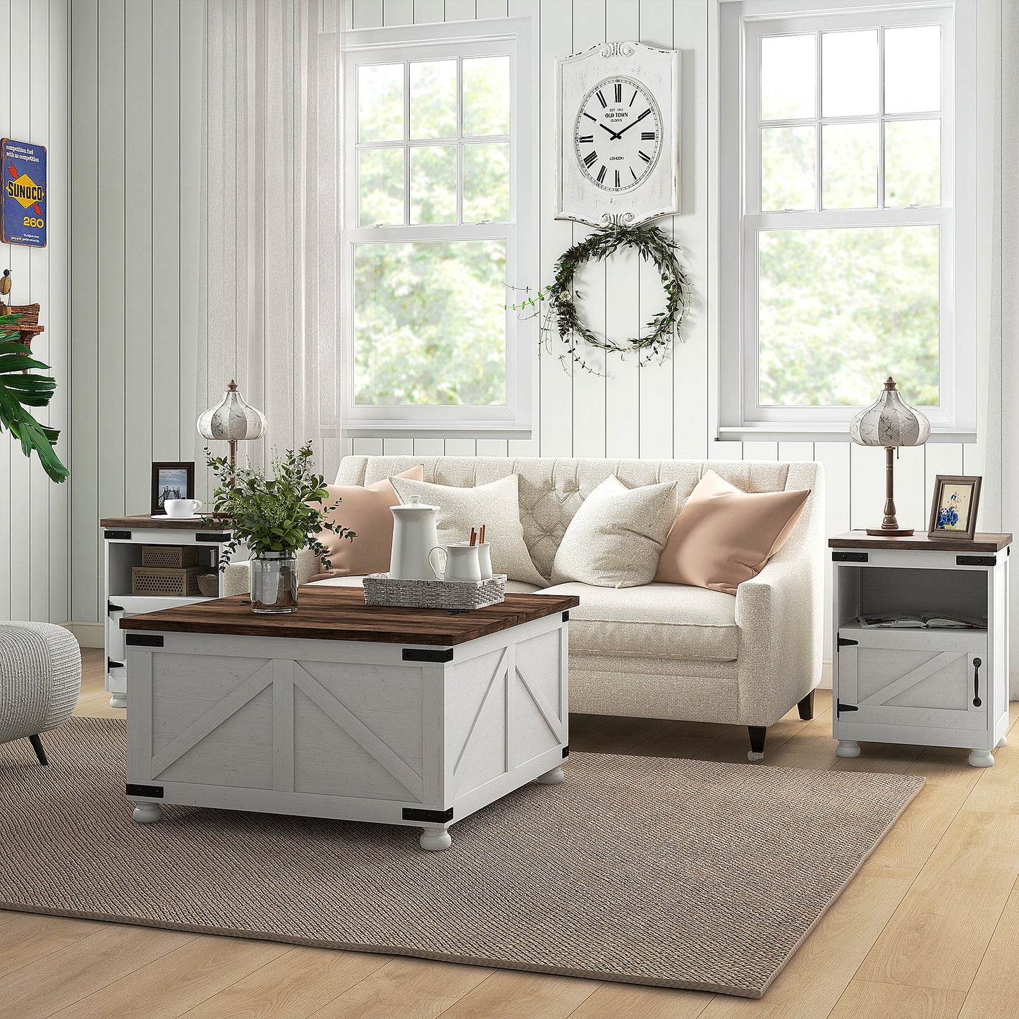Coffee Table with Lift Top, 32" Farmhouse Center Table with Hidden Compartment for Living Room, Antique White