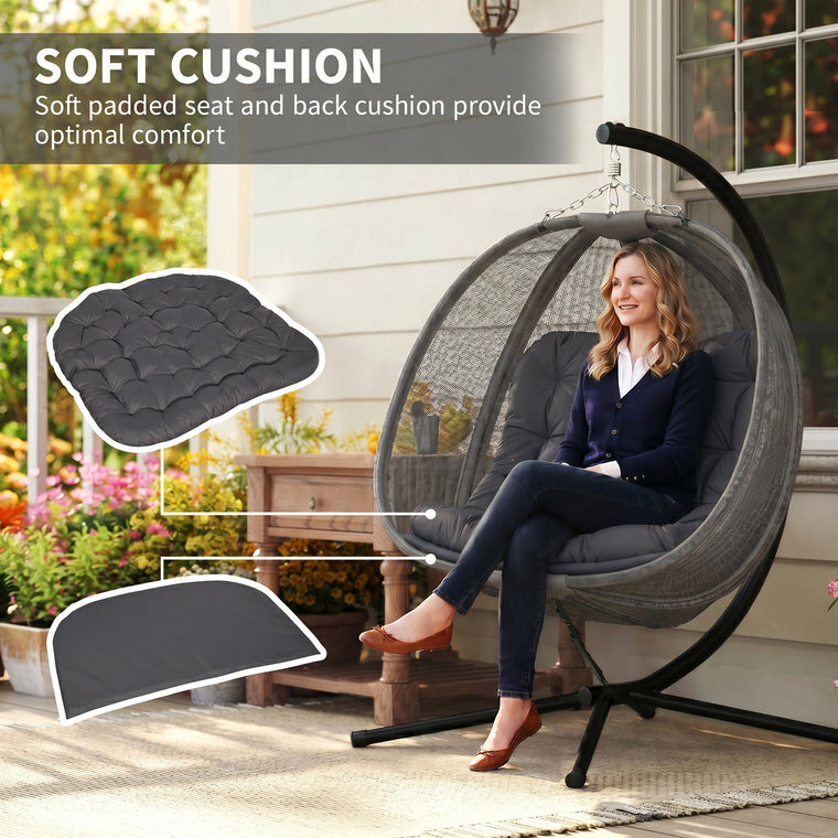 Double Egg Chair with Stand, Cushion and Pockets - Grey