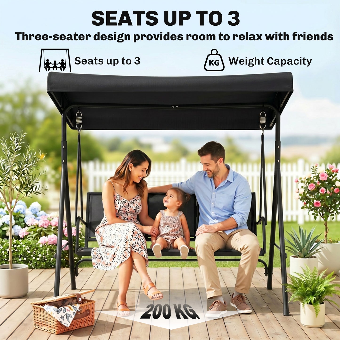 3-Seater Swing Chair Covered Garden Hammock A-Frame Outdoor Porch Glider Sling Seat with Adjustable Canopy Cover, Black