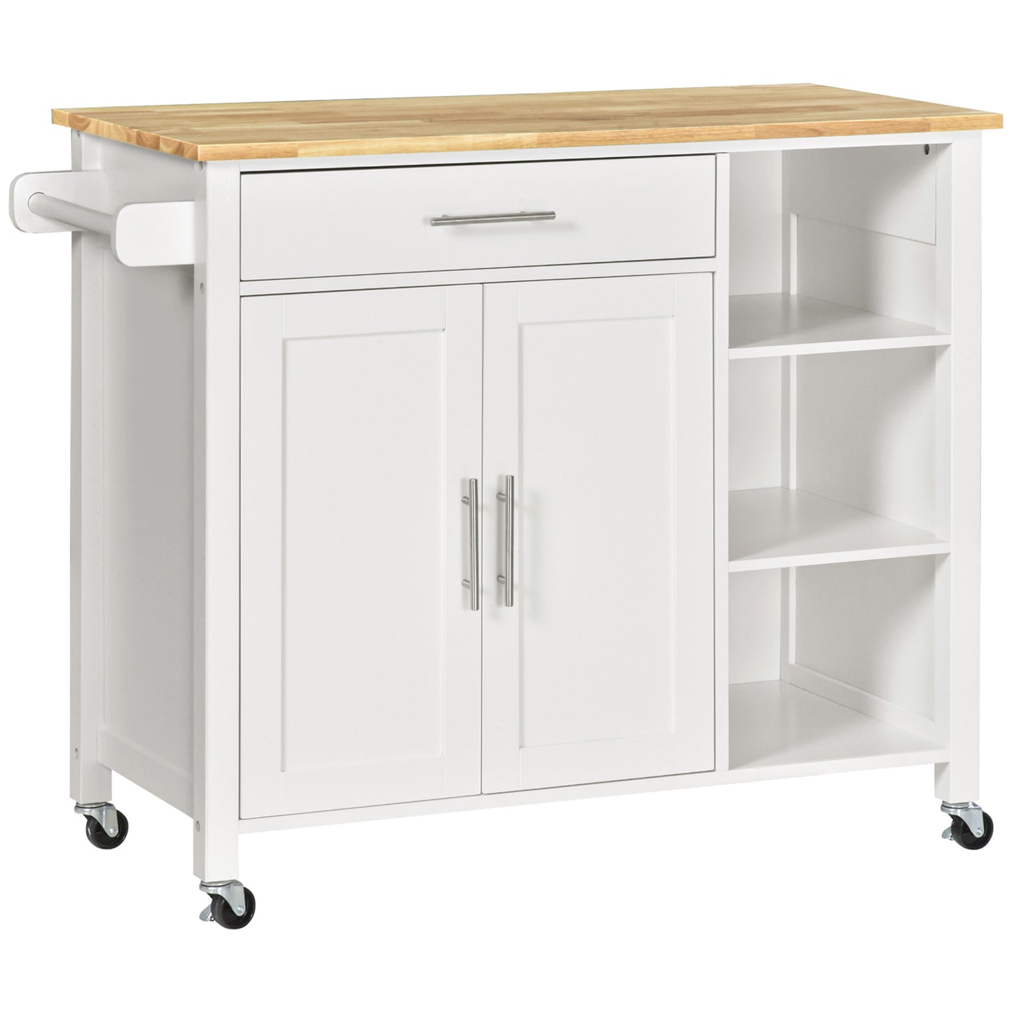 Wooden Rolling Kitchen Island on 360-Degree Swivel Wheels, Dining Cart with Drawer and Towel Rack, White