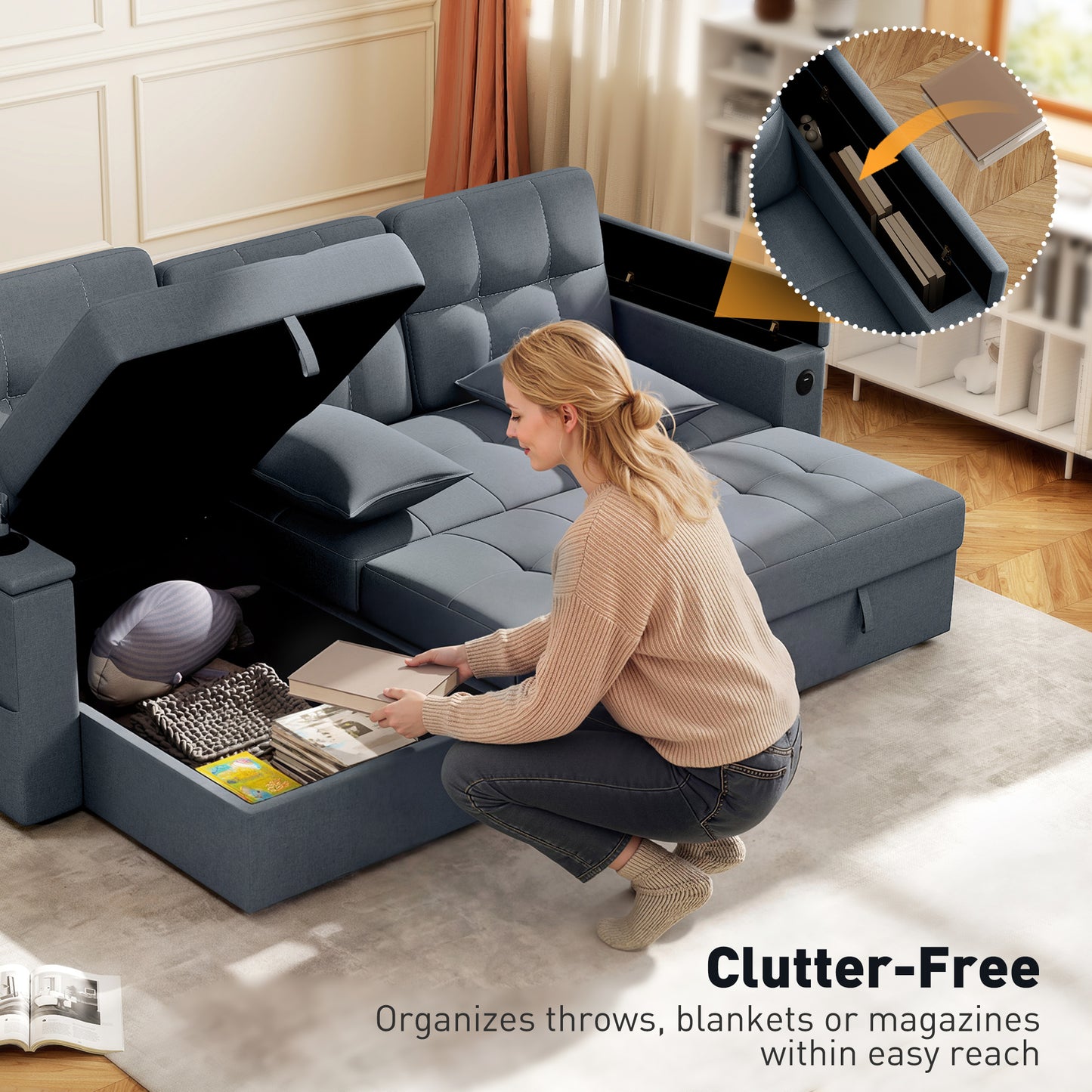 Convertible Sectional Sofa Bed, Pull Out Sleeper Sofa Couch with USB-A+C, Chaise Storage, L-Shaped Futon Couch, Dark Grey