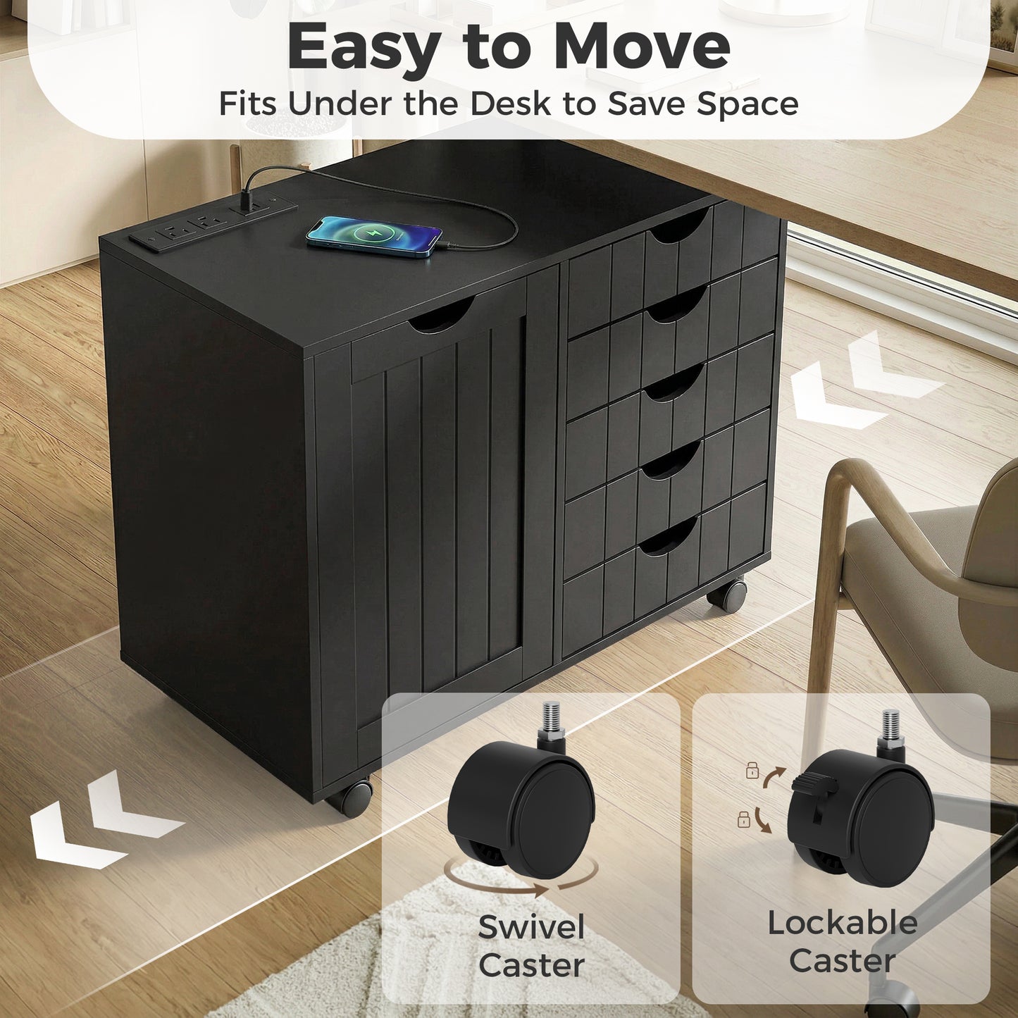 Mobile Lateral Filing Cabinet with 5 Drawers, Printer Stand with Power Outlets and USB Ports for Home Office, Black