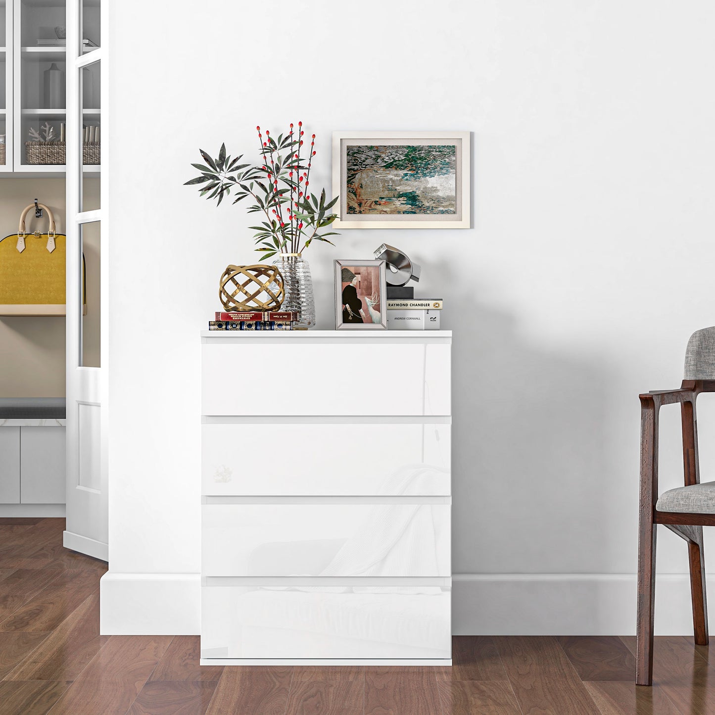 4 Drawer Cabinet, High Gloss Drawer Chest for Bedroom, Chest of Drawers with Metal Runners and Groove Handles, White