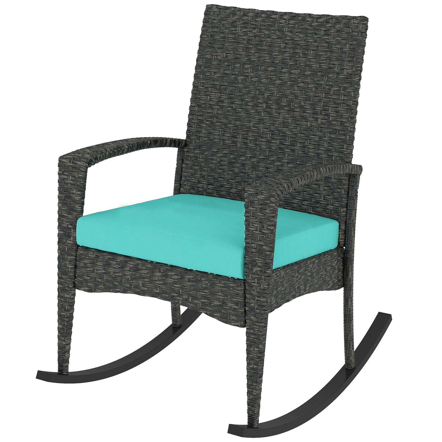 Outdoor Rocking Chair, Patio Wicker Chair Removable Cushion, High Back and Armrests for Porch Balcony, Turquoise