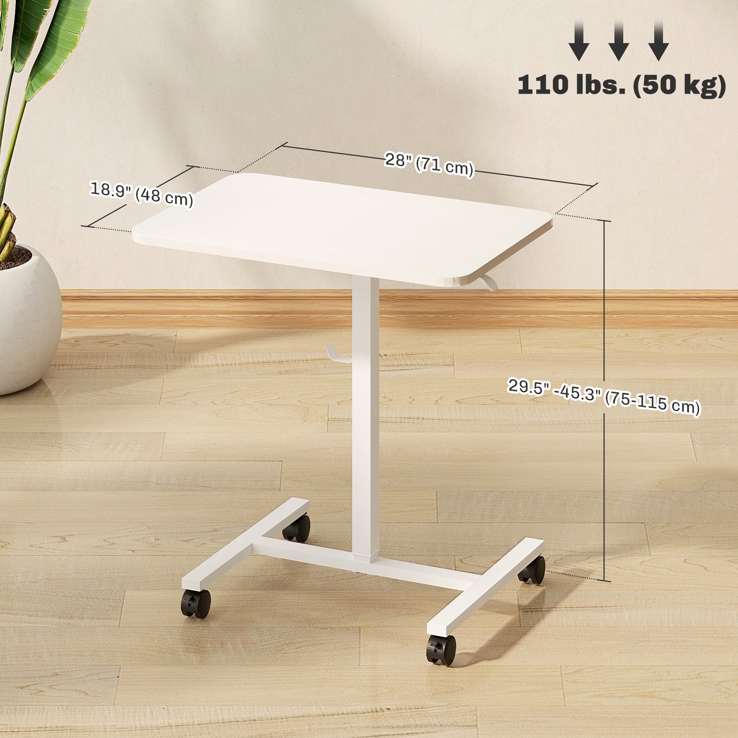 Height Adjustable Standing Desk, Pneumatic Sit Stand Desk with Wheels and Headphone Hook, White Wood Grain
