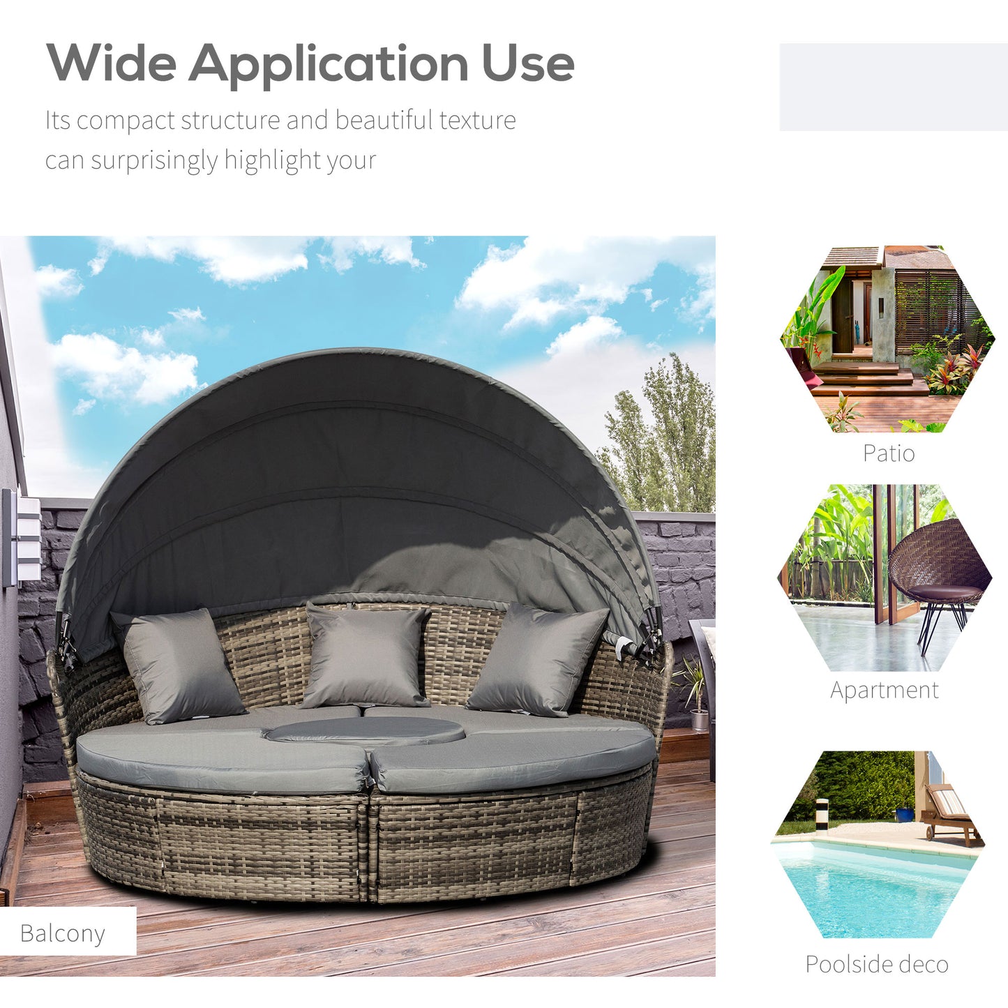 4 Pieces Outdoor Daybed with Retractable Canopy, Wicker Lounger Bed, Conversation Furniture Set, Dark Blue