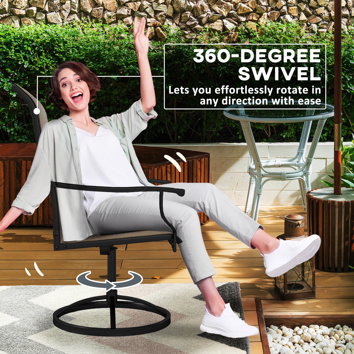 Outdoor Swivel Dining Chairs Set of 2, High Back Swivel Chairs with All Weather Mesh for Deck, Backyard, Poolside, Brown