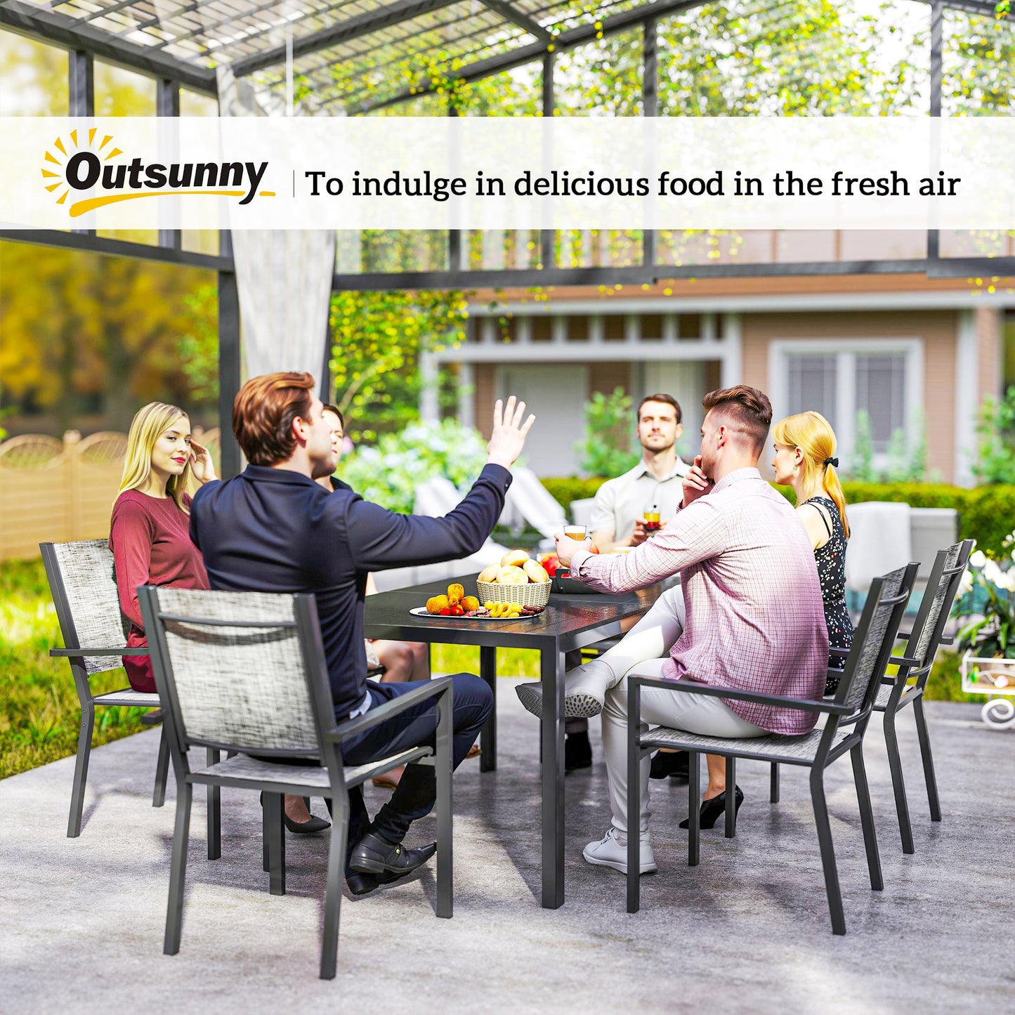7 Piece Outdoor Dining Set with 6 Stackable Chairs, Rectangle Table, WPC Slatted Top, Rust-Resistant Steel Frame