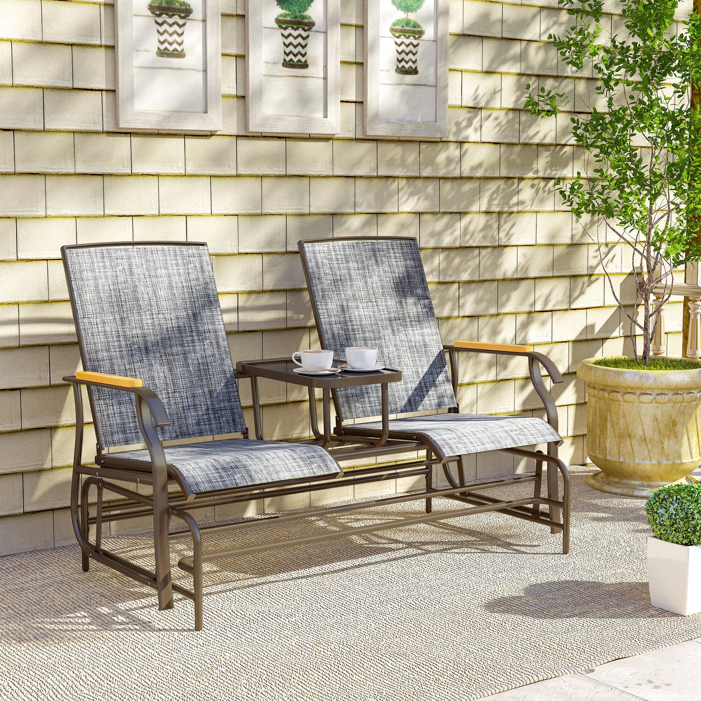 Outdoor 2-Person Glider Bench, Outside Swing Glider Chair Loveseat with Breathable Mesh, Table, Steel Frame