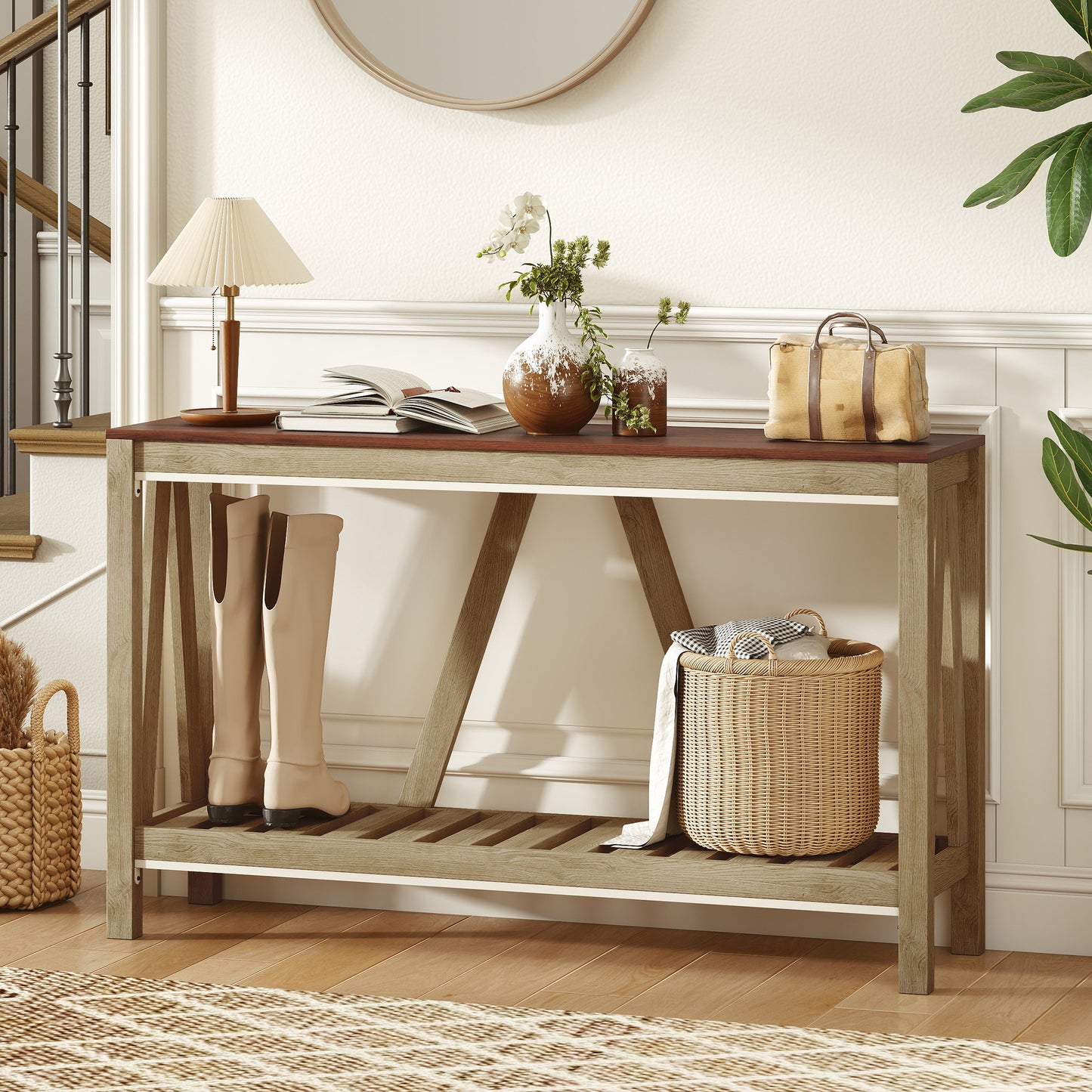 52" Console Table, Farmhouse Narrow Entryway Table with Storage Shelf, Rustic Sofa Table with Anti-tipper for Living Room and Hallway, Oak
