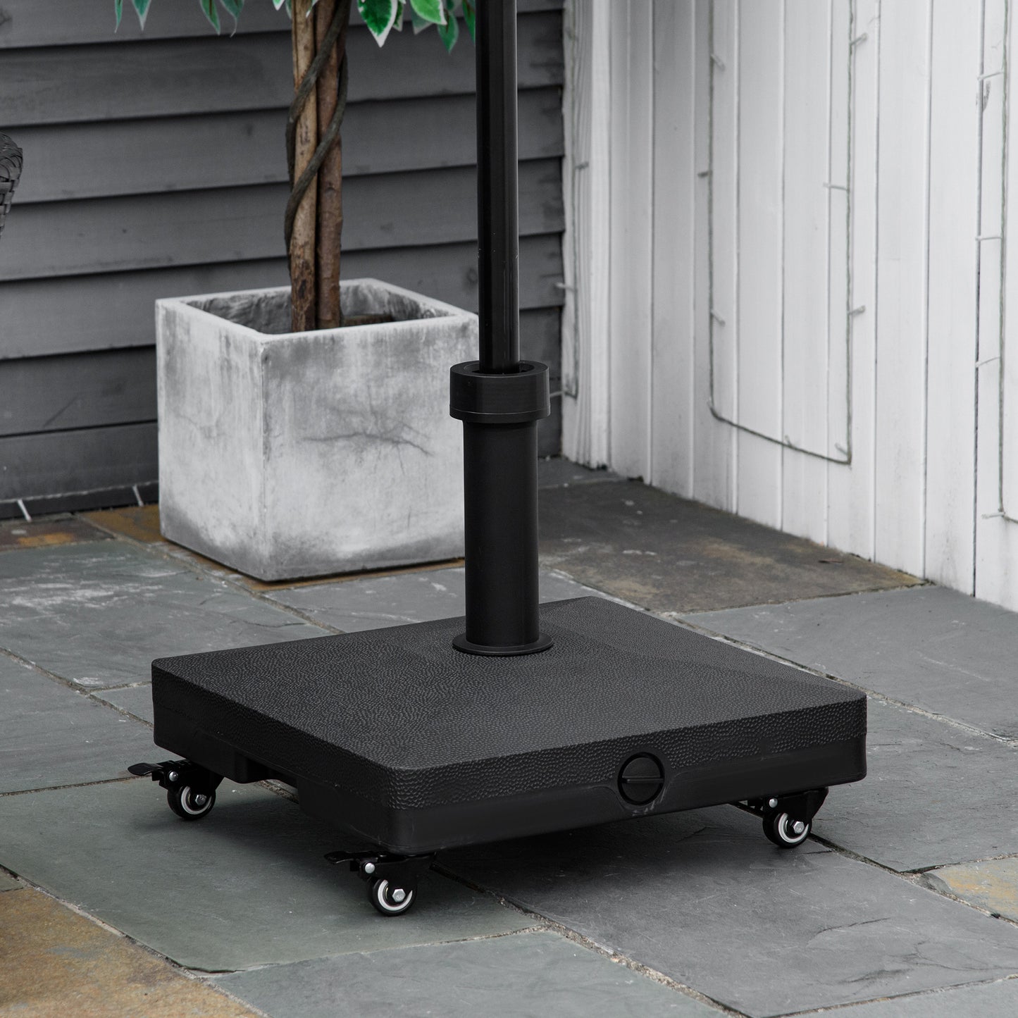 HDPE Square Parasol Base, Portable Umbrella Stand Weights for Cantilever Banana Parasol with Wheels, 35lbs with Water or 40lbs with Sand, for Φ0.75" to Φ1.5" Pole, Black