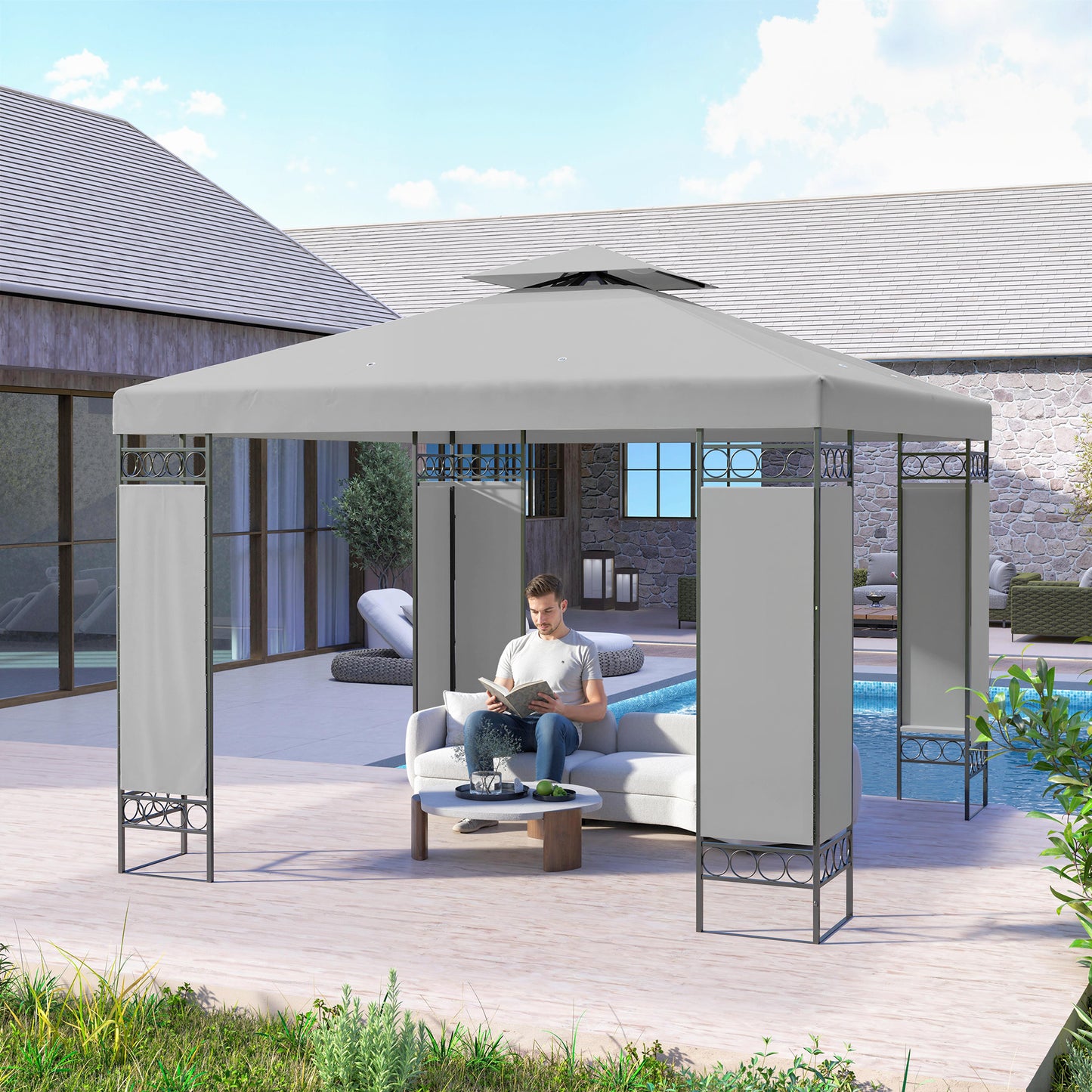10' x 10' Canopy Gazebo, Double Roof Patio Gazebo with Screen Panels and Metal Frame for Deck, Backyard, Light Grey