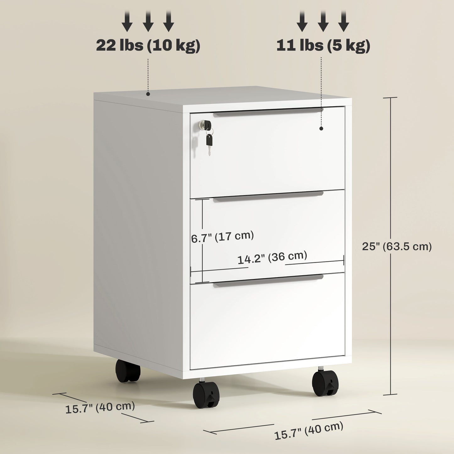 3-Drawer File Cabinet with Wheels, Vertical Filing Cabinet with Lock, White