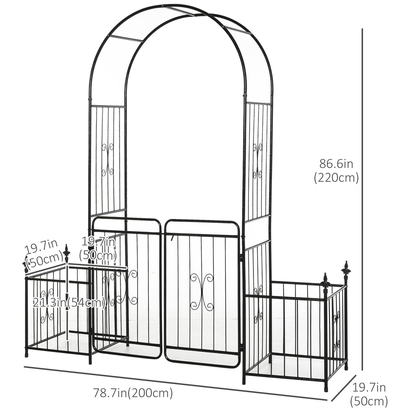 7.2FT Metal Garden Arch with Gate, 2 Side Planter Baskets, Garden Arbor Archway Trellis for Roses and Climbing Plants, Black