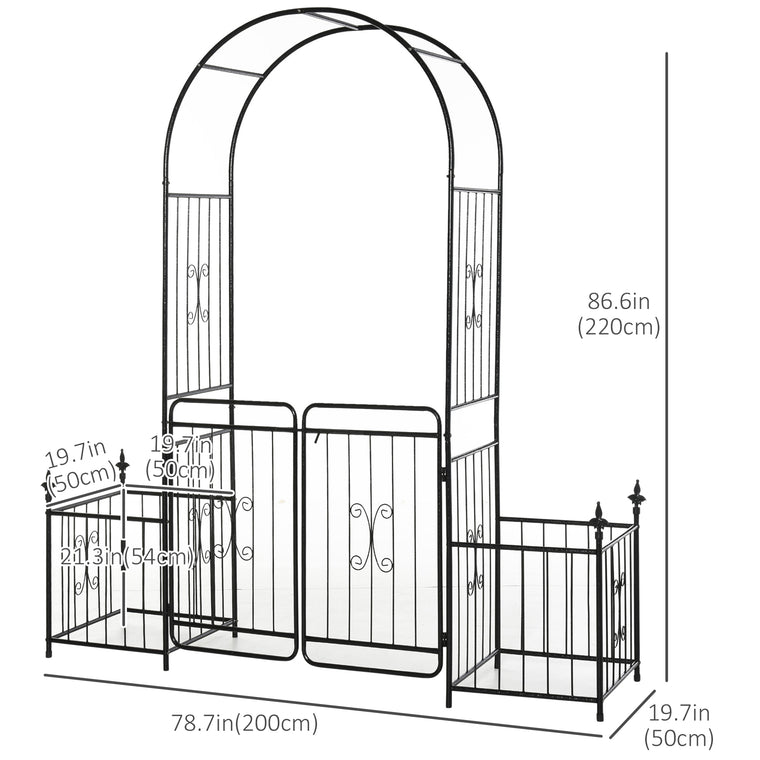 7.2FT Black Metal Garden Arch with Gate & Planter Baskets